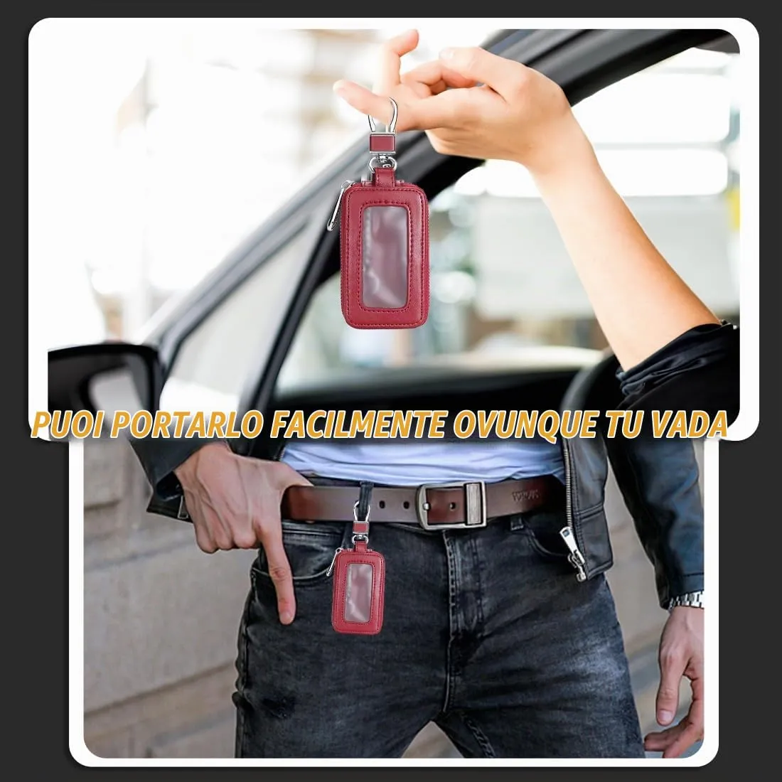 Custodia in Pelle per Chiave dell'auto, Portachiavi in Pelle, con Gancio in Metallo e Cerniera, con Finestra Trasparente, Rosso - immagine 6