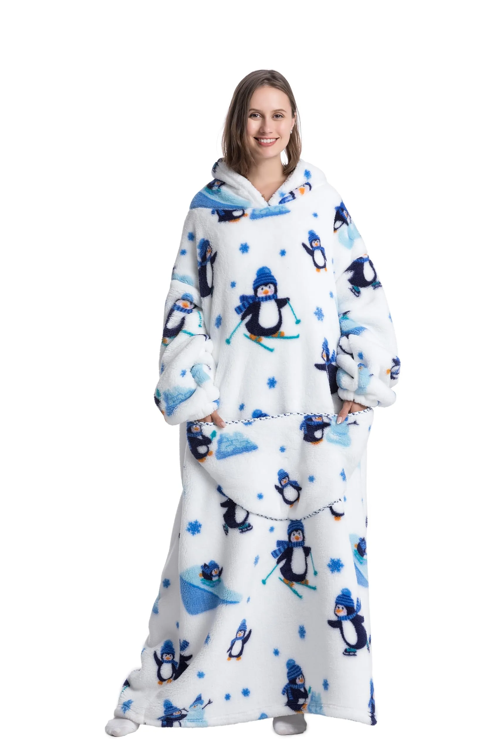 Yzehomijia Coperta portatile con cappuccio, per donne e adulti, coperta con maniche, morbida e calda da indossare come regalo per fidanzata, mamma o mamma koala (Penguin) - immagine 1