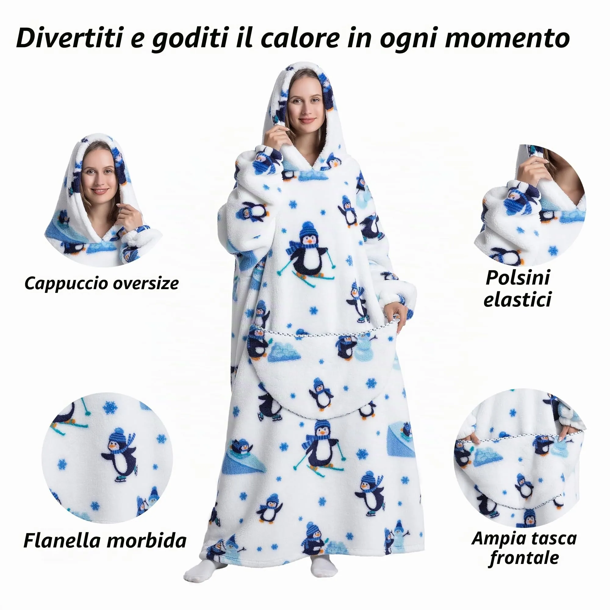 Yzehomijia Coperta portatile con cappuccio, per donne e adulti, coperta con maniche, morbida e calda da indossare come regalo per fidanzata, mamma o mamma koala (Penguin) - immagine 2