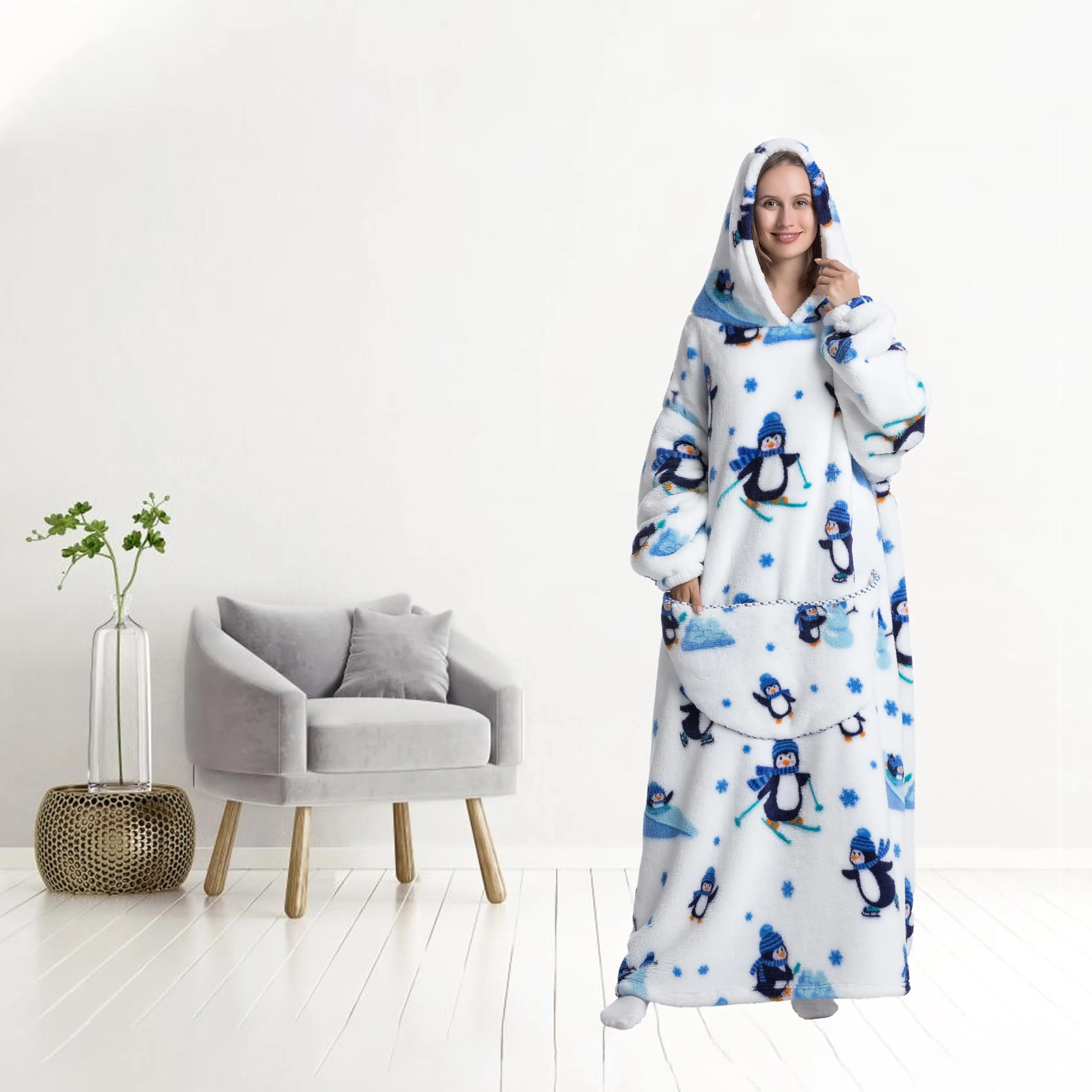 Yzehomijia Coperta portatile con cappuccio, per donne e adulti, coperta con maniche, morbida e calda da indossare come regalo per fidanzata, mamma o mamma koala (Penguin) - immagine 3