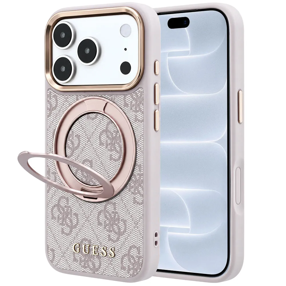 Custodia MagSafe per Apple iPhone 18 Pro / 17 Pro, Guess, Ring Stand 360 4G Classic Logo, Rosa - immagine 1