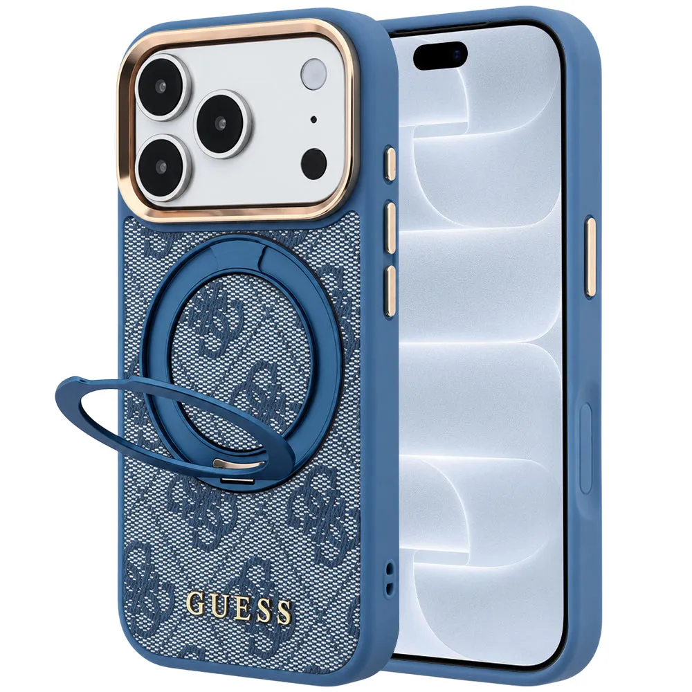 Custodia MagSafe per Apple iPhone 18 Pro / 17 Pro, Guess, Ring Stand 360 4G Classic Logo, Blu - immagine 1