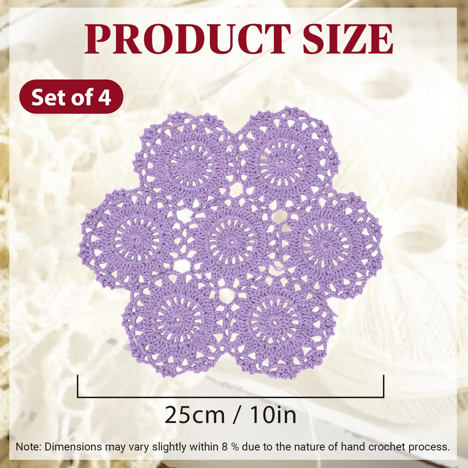 kilofly Confezione da 4 centrini in pizzo di cotone all'uncinetto, motivo floreale, 25,4 cm (viola) - immagine 2