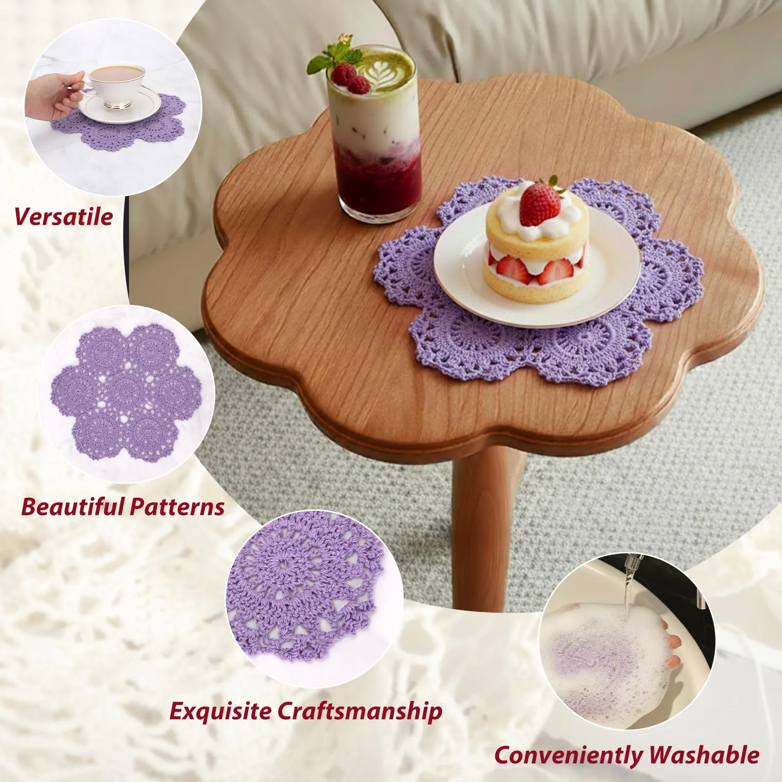 kilofly Confezione da 4 centrini in pizzo di cotone all'uncinetto, motivo floreale, 25,4 cm (viola) - immagine 3