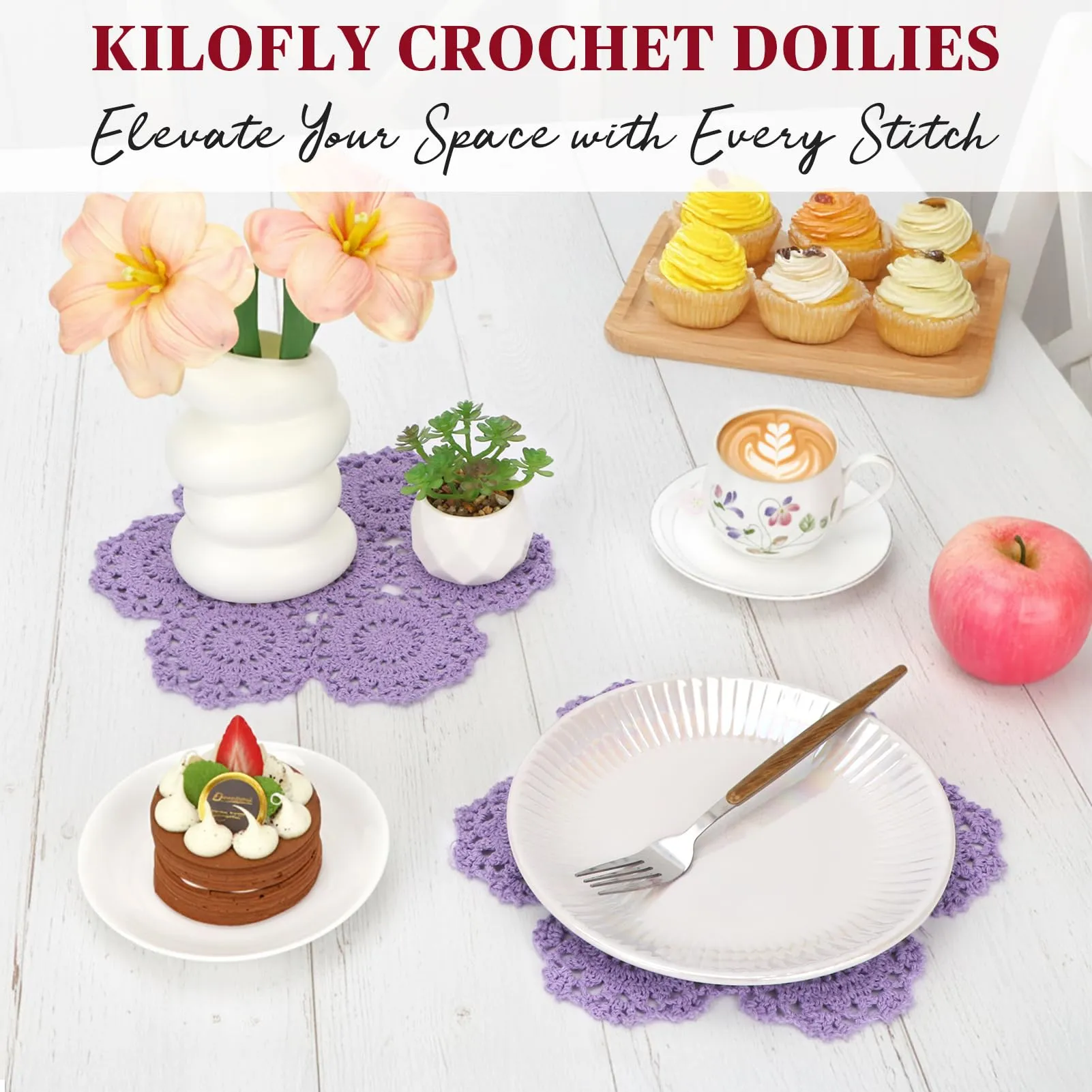 kilofly Confezione da 4 centrini in pizzo di cotone all'uncinetto, motivo floreale, 25,4 cm (viola) - immagine 4