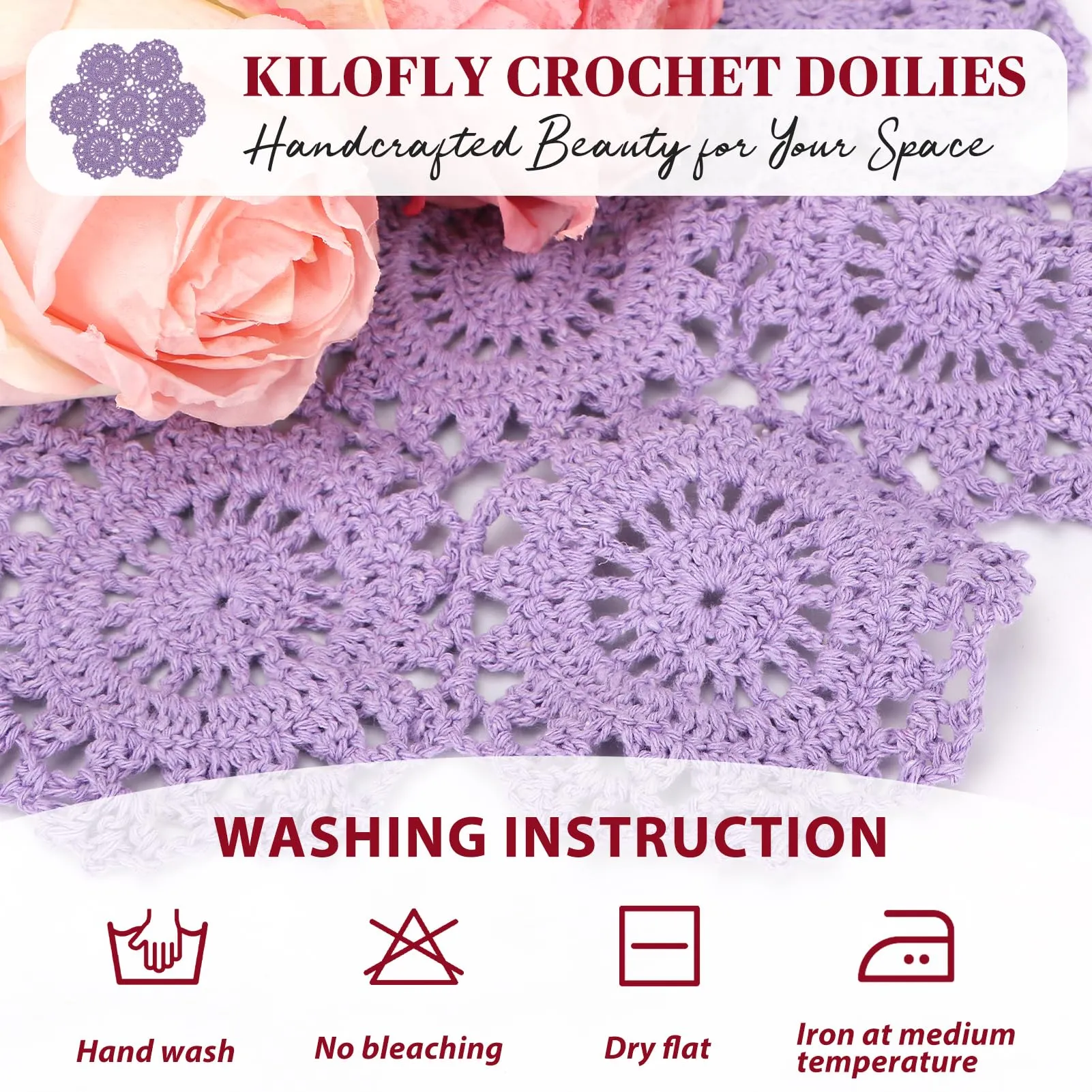 kilofly Confezione da 4 centrini in pizzo di cotone all'uncinetto, motivo floreale, 25,4 cm (viola) - immagine 7