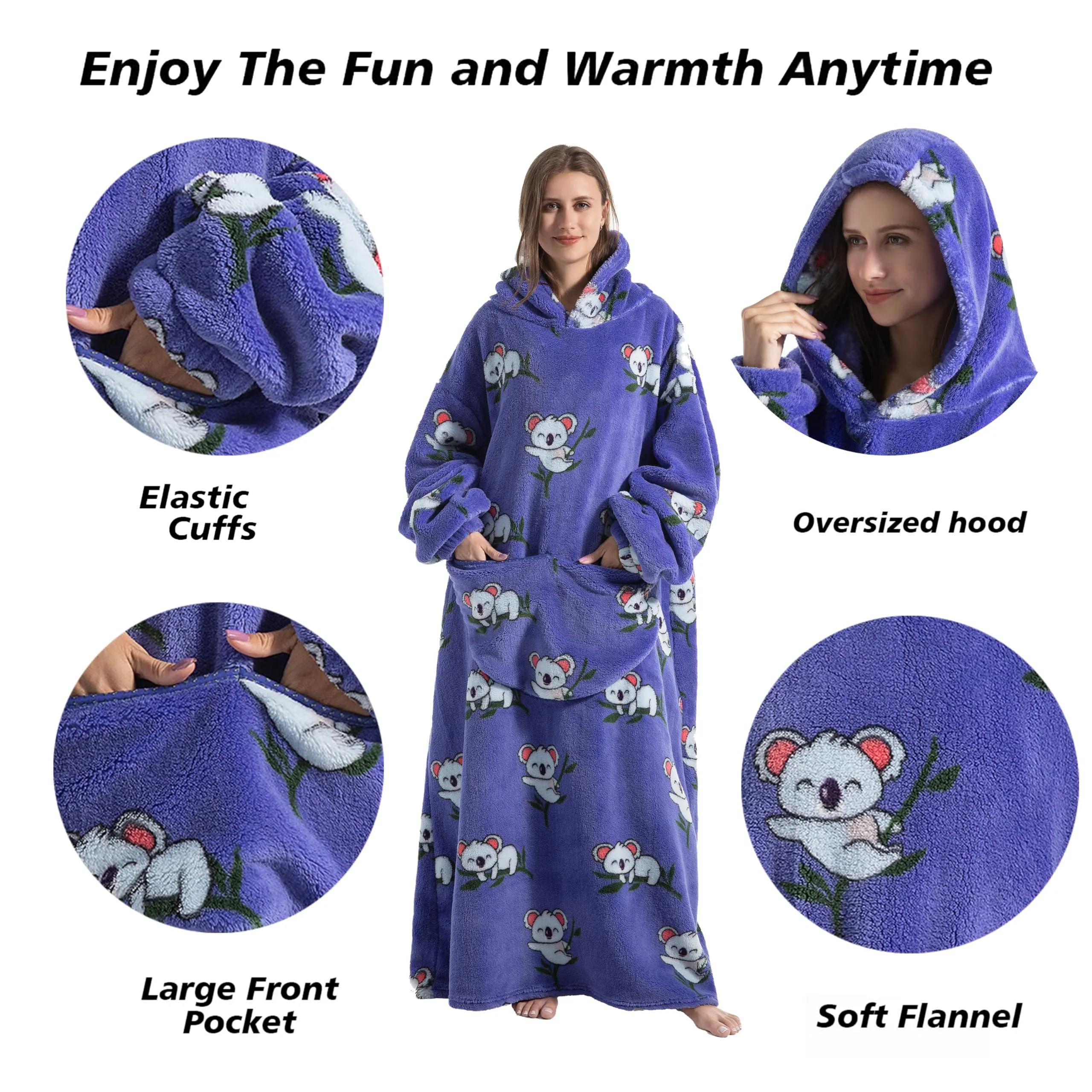Yzehomijia Coperta portatile con cappuccio, per donne e adulti, coperta con maniche, morbida e calda da indossare come regalo per fidanzata, mamma o mamma koala (Koala) - immagine 2