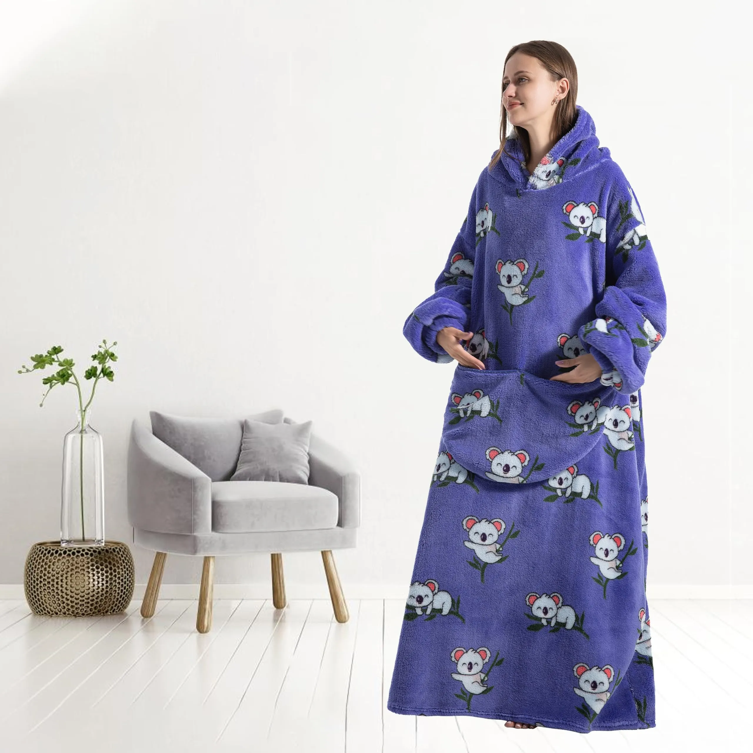 Yzehomijia Coperta portatile con cappuccio, per donne e adulti, coperta con maniche, morbida e calda da indossare come regalo per fidanzata, mamma o mamma koala (Koala) - immagine 5