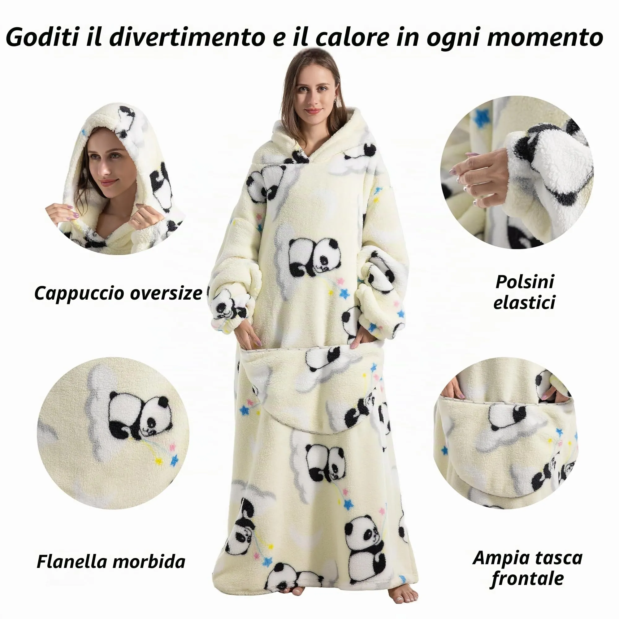 Yzehomijia Coperta portatile con cappuccio, per donne e adulti, coperta con maniche, morbida e calda da indossare come regalo per fidanzata, mamma o mamma koala (Panda) - immagine 2