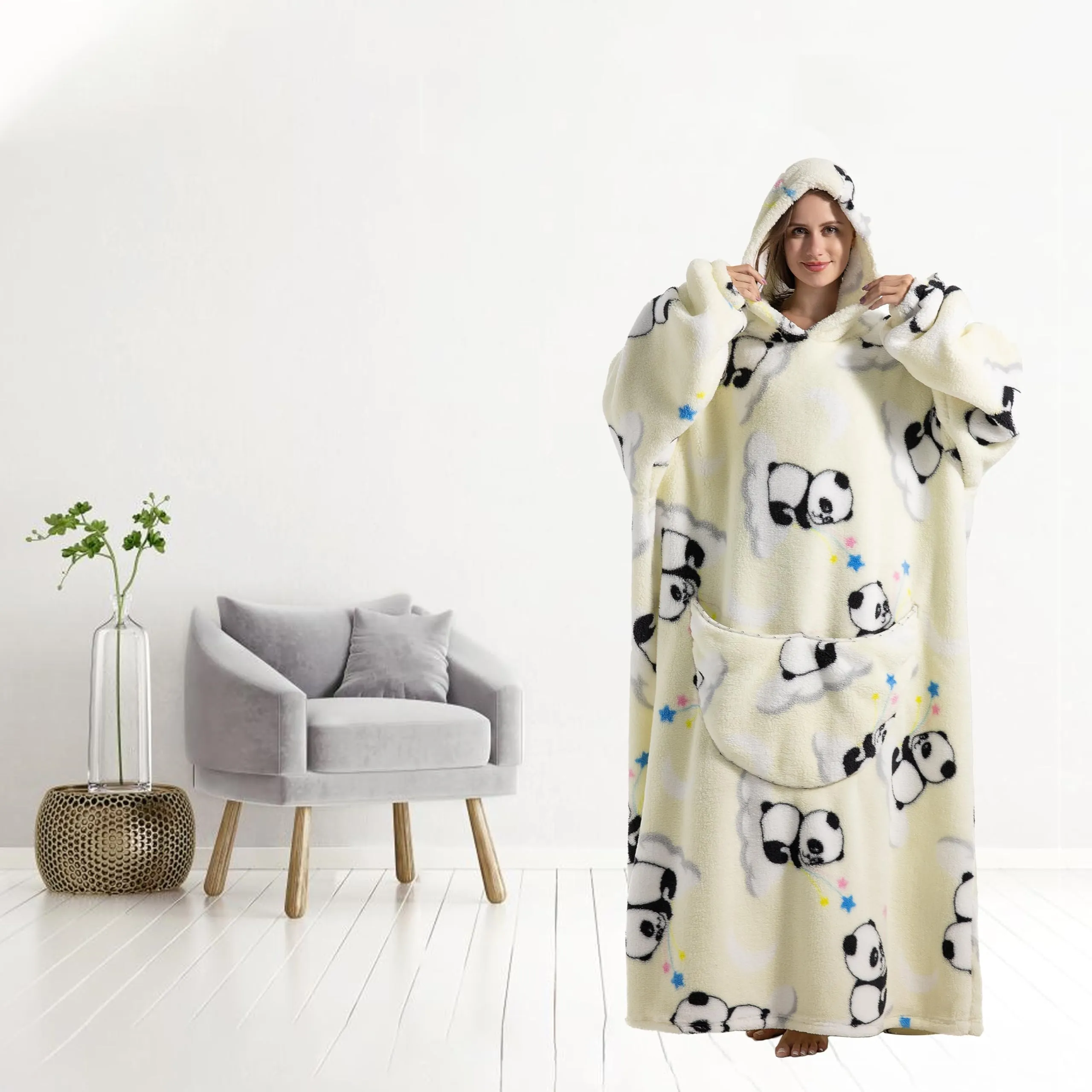 Yzehomijia Coperta portatile con cappuccio, per donne e adulti, coperta con maniche, morbida e calda da indossare come regalo per fidanzata, mamma o mamma koala (Panda) - immagine 3
