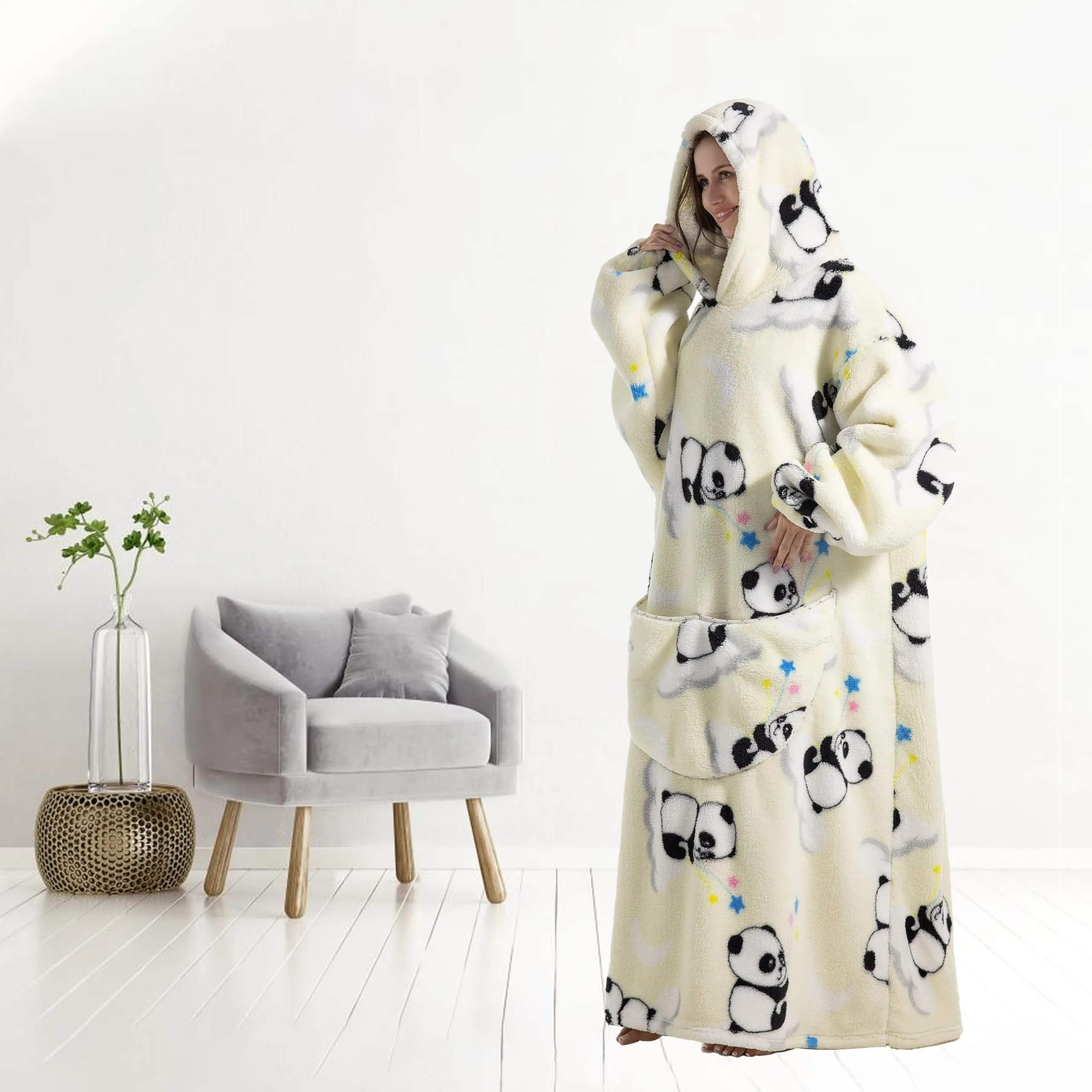 Yzehomijia Coperta portatile con cappuccio, per donne e adulti, coperta con maniche, morbida e calda da indossare come regalo per fidanzata, mamma o mamma koala (Panda) - immagine 5