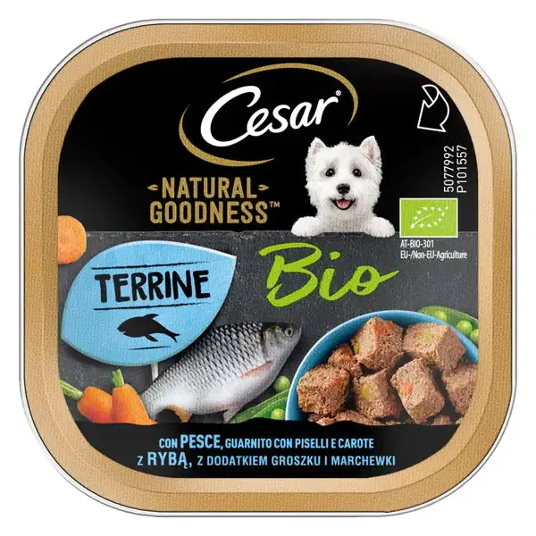 Cesar Dog Natural Goodness Terrine Bio 100 gr Pesce, guarnito con piselli e carote - confezione da 16 pezzi - Cibo umido per cani - immagine 1