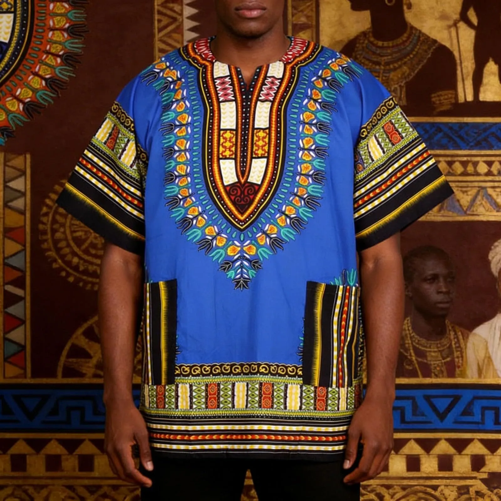 Mymyguoe Maglietta da uomo africana Dashiki Colorata Hippie Festival Abbigliamento Estivo Africa Style Dashiki Tee Shirt Stampa Floreale Camicia Tradizionale Africana Dashiki, Blu, M - immagine 2