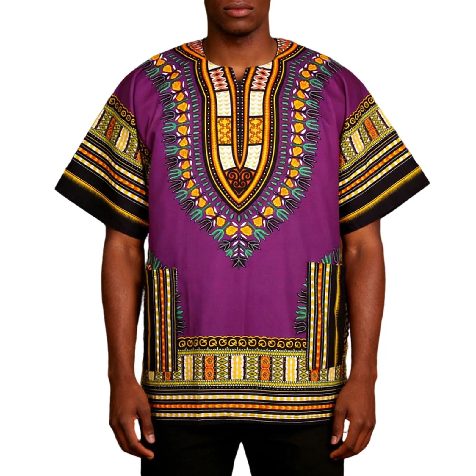 Mymyguoe Maglietta da uomo africana Dashiki Colorata Hippie Festival Abbigliamento Estivo Africa Style Dashiki Tee Shirt Stampa Floreale Camicia Tradizionale Africana Dashiki, Lilla, L - immagine 1