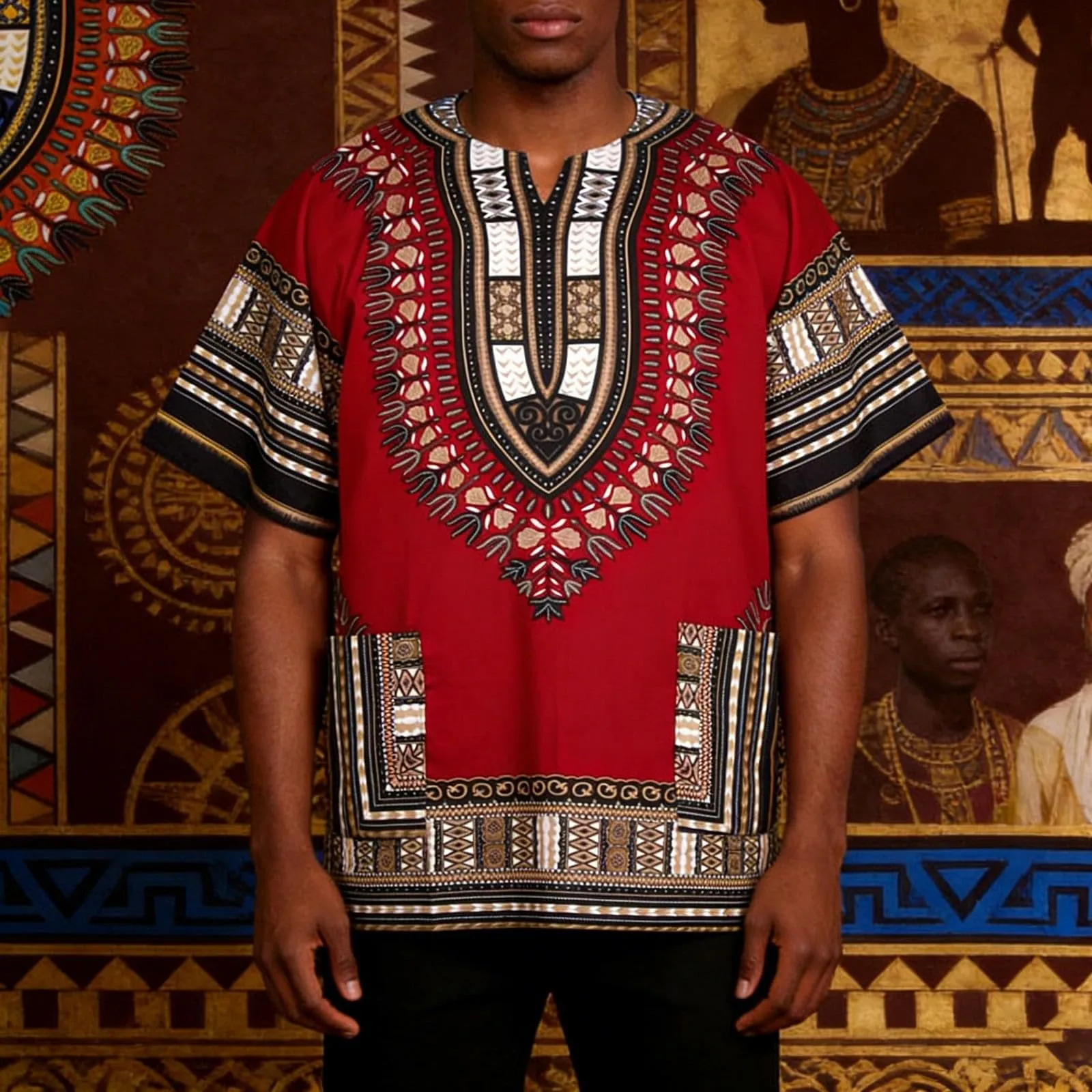 Mymyguoe Maglietta da uomo africana Dashiki Colorata Hippie Festival Abbigliamento Estivo Africa Style Dashiki Tee Shirt Stampa Floreale Camicia Tradizionale Africana Dashiki, Vino, XXL - immagine 2