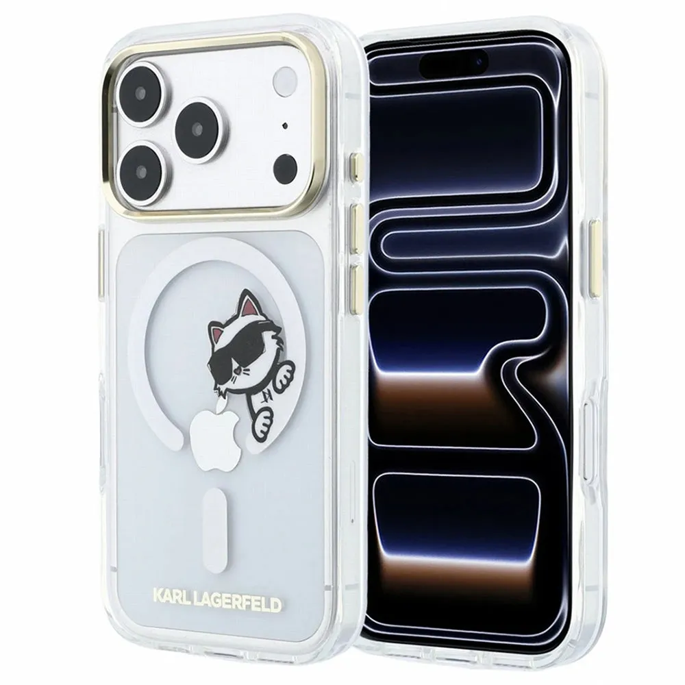 Custodia MagSafe per Apple iPhone 18 Pro / 17 Pro, Karl Lagerfeld, IML Peekaboo Print e Cornice Metallica, Trasparente - immagine 1