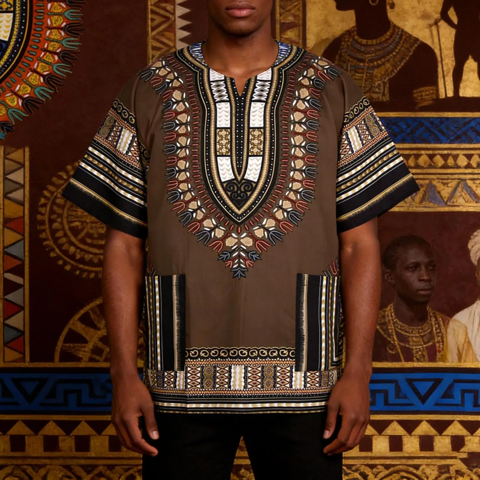 Mymyguoe Maglietta da uomo africana Dashiki Colorata Hippie Festival Abbigliamento Estivo Africa Style Dashiki Tee Shirt Stampa Floreale Camicia Tradizionale Africana Dashiki, caffè, 6XL - immagine 2