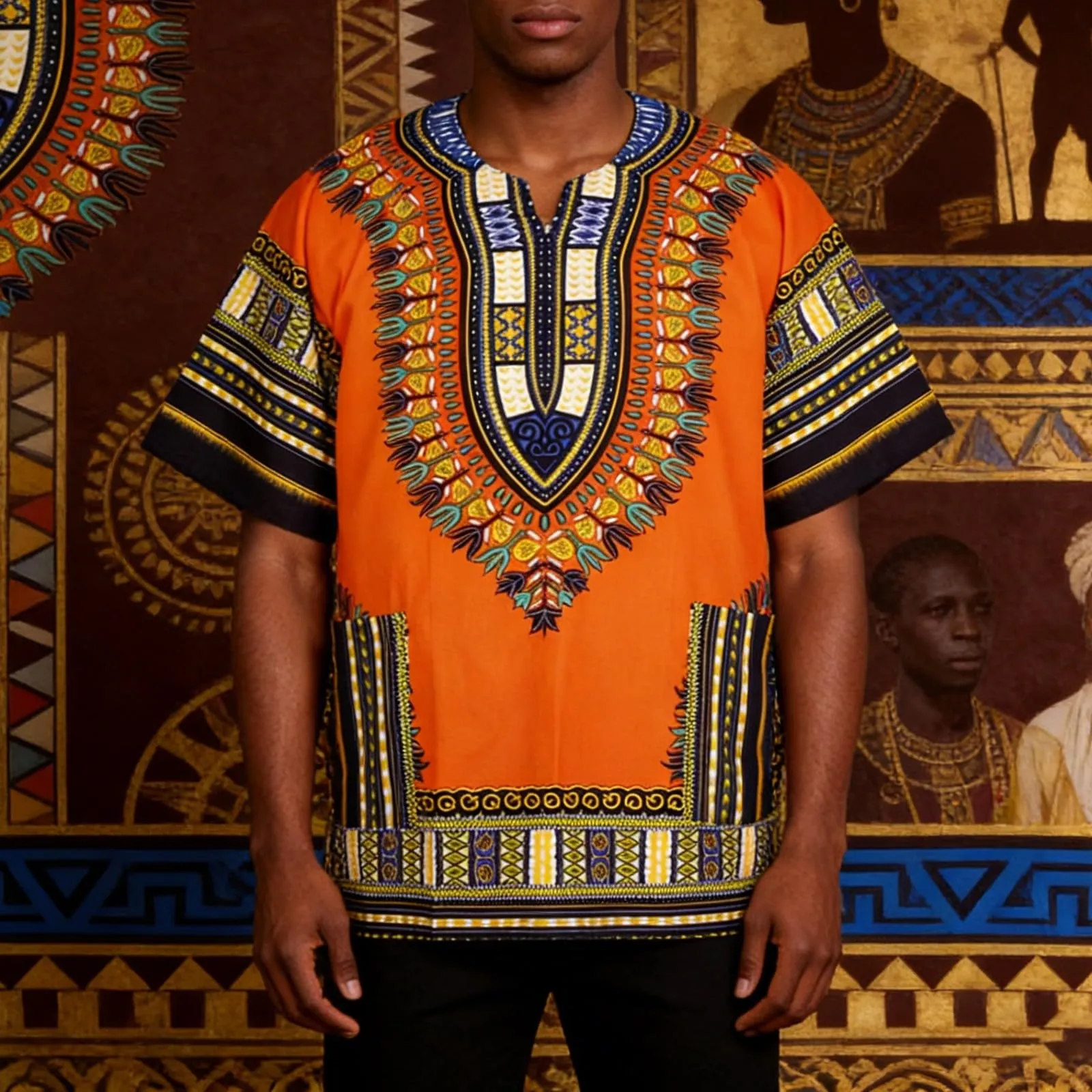 Mymyguoe Maglietta da uomo africana Dashiki Colorata Hippie Festival Abbigliamento Estivo Africa Style Dashiki Tee Shirt Stampa Floreale Camicia Tradizionale Africana Dashiki, Colore: arancione., 4XL - immagine 2