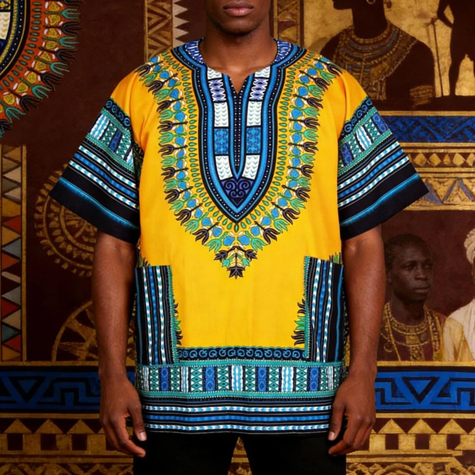 Mymyguoe Maglietta da uomo africana Dashiki Colorata Hippie Festival Abbigliamento Estivo Africa Style Dashiki Tee Shirt Stampa Floreale Camicia Tradizionale Africana Dashiki, giallo., L - immagine 2