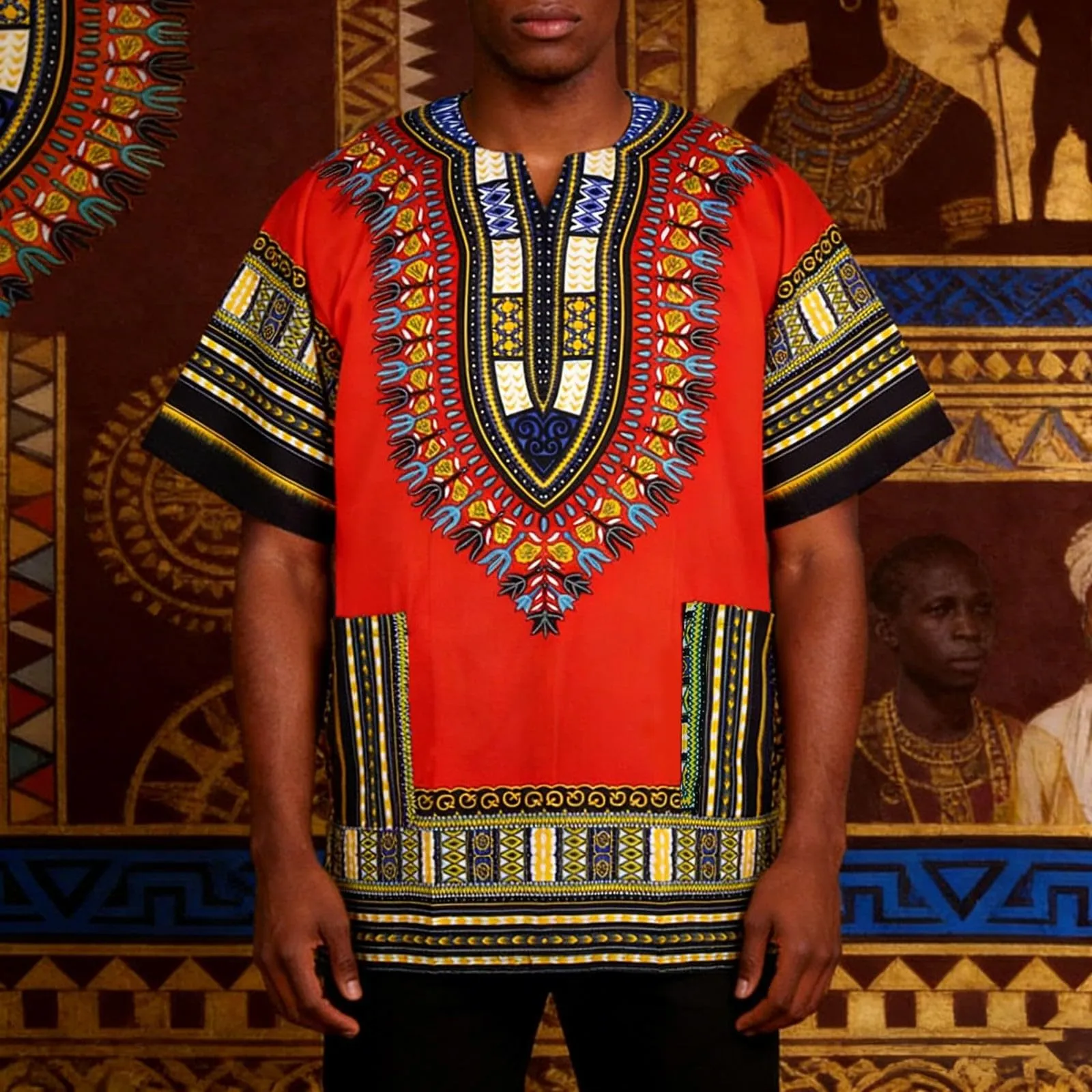 Mymyguoe Maglietta da uomo africana Dashiki Colorata Hippie Festival Abbigliamento Estivo Africa Style Dashiki Tee Shirt Stampa Floreale Camicia Tradizionale Africana Dashiki, Colore: rosso, L - immagine 2