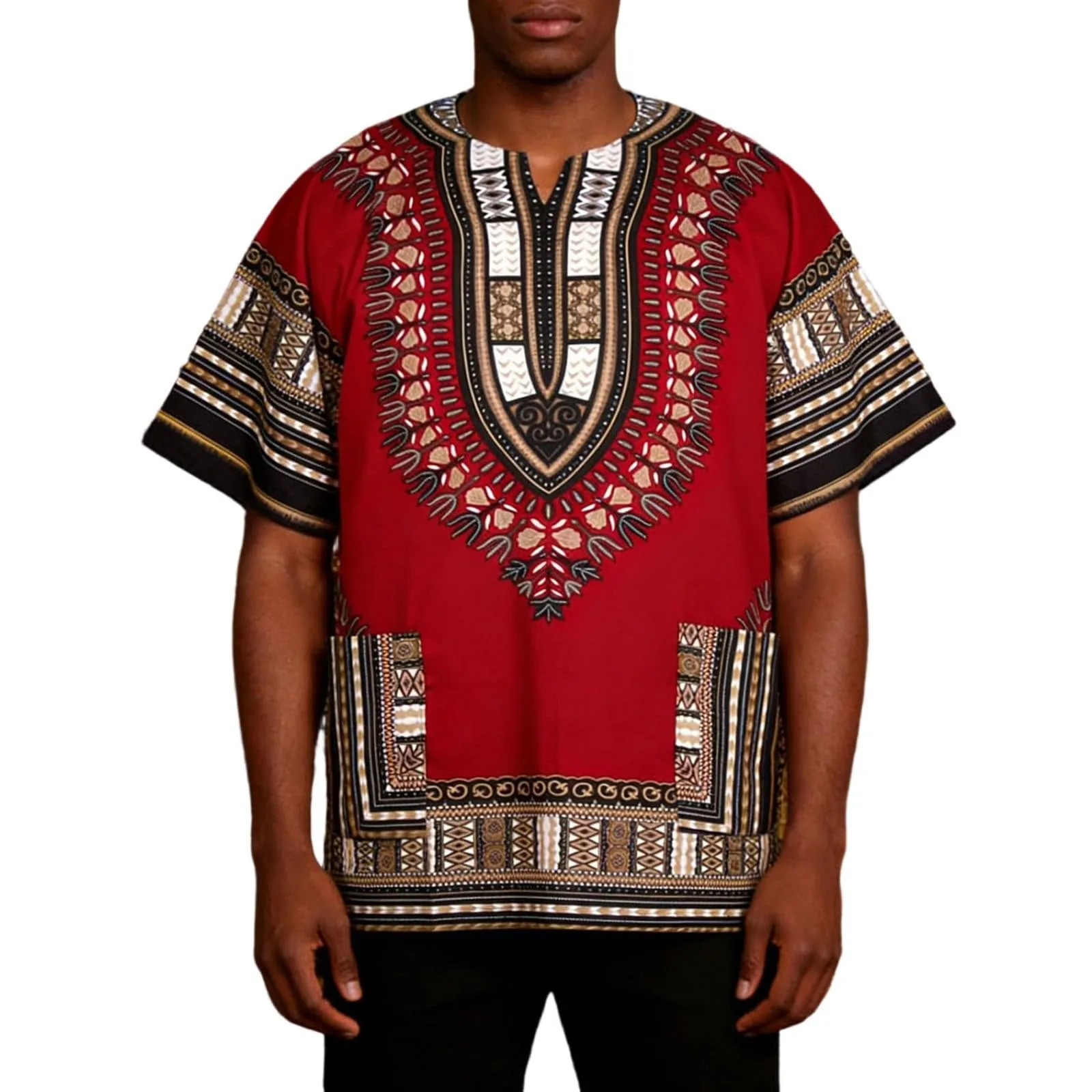 Mymyguoe Maglietta da uomo africana Dashiki Colorata Hippie Festival Abbigliamento Estivo Africa Style Dashiki Tee Shirt Stampa Floreale Camicia Tradizionale Africana Dashiki, Vino, XL - immagine 1