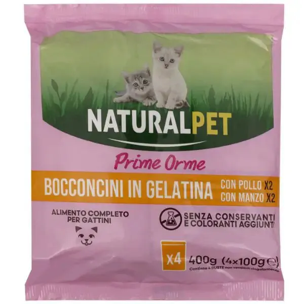 NaturalPet Prime Orme Kitten bocconcini in gelatina multipack 4x100 gr 2x Pollo 2x Manzo - immagine 1