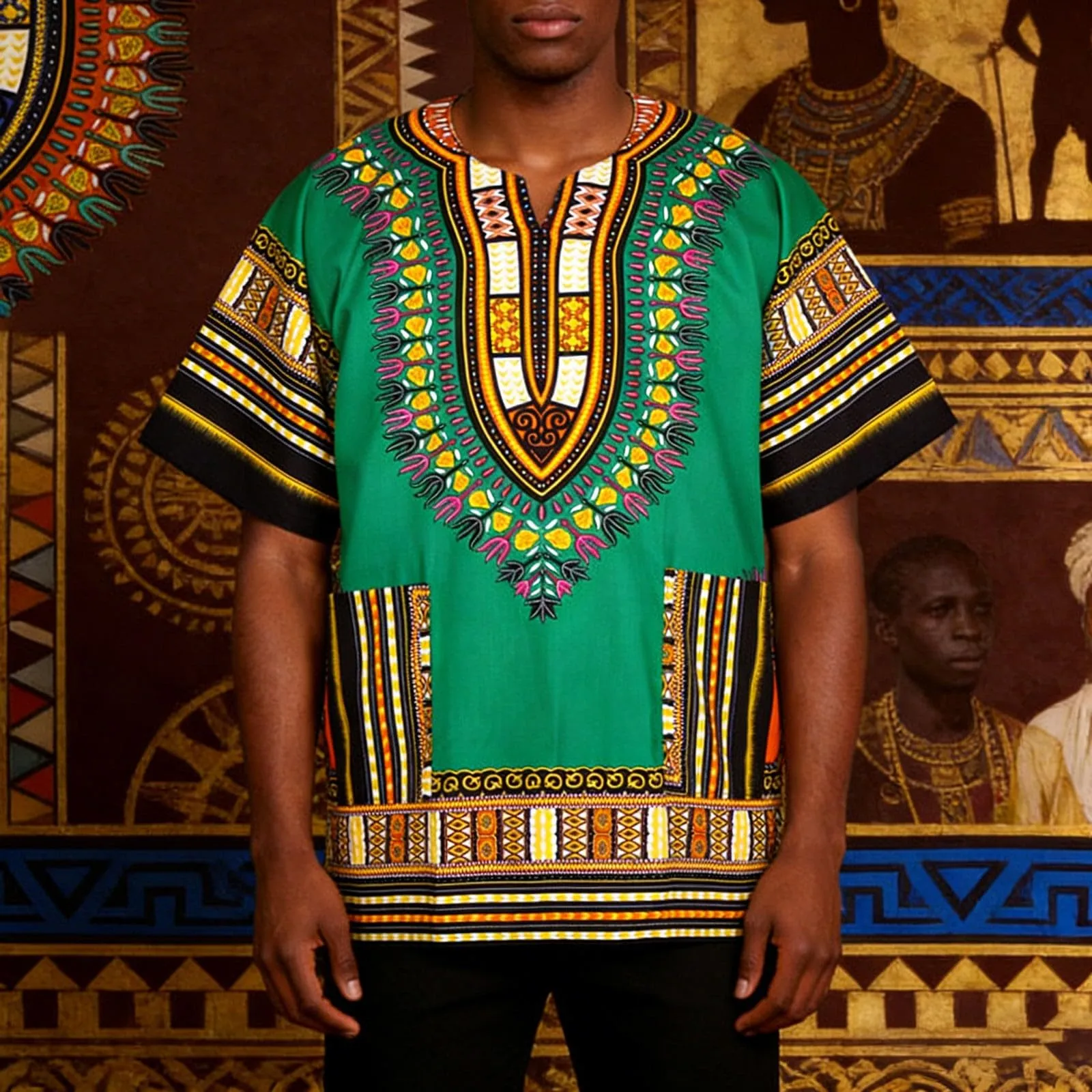 Mymyguoe Maglietta da uomo africana Dashiki Colorata Hippie Festival Abbigliamento Estivo Africa Style Dashiki Tee Shirt Stampa Floreale Camicia Tradizionale Africana Dashiki, verde, XL - immagine 2