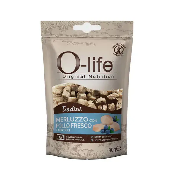 O-life Adult Snack per cani Dadini Carne fresca 80 gr Merluzzo con pollo e mirtilli - immagine 1