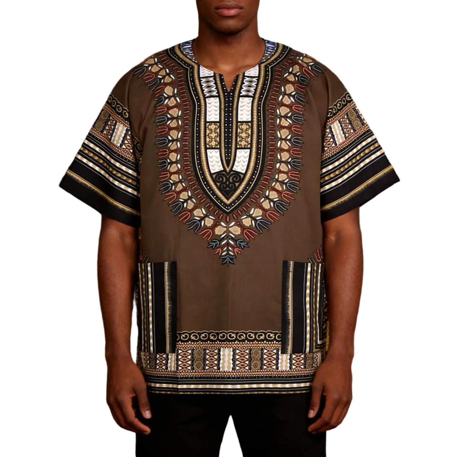 Mymyguoe Maglietta da uomo africana Dashiki Colorata Hippie Festival Abbigliamento Estivo Africa Style Dashiki Tee Shirt Stampa Floreale Camicia Tradizionale Africana Dashiki, caffè, S - immagine 1