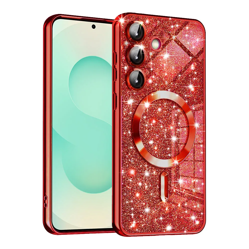 Custodia MagSafe per Samsung Galaxy S25+ S936, Techsuit, Luxury Glitter, Rossa - immagine 1