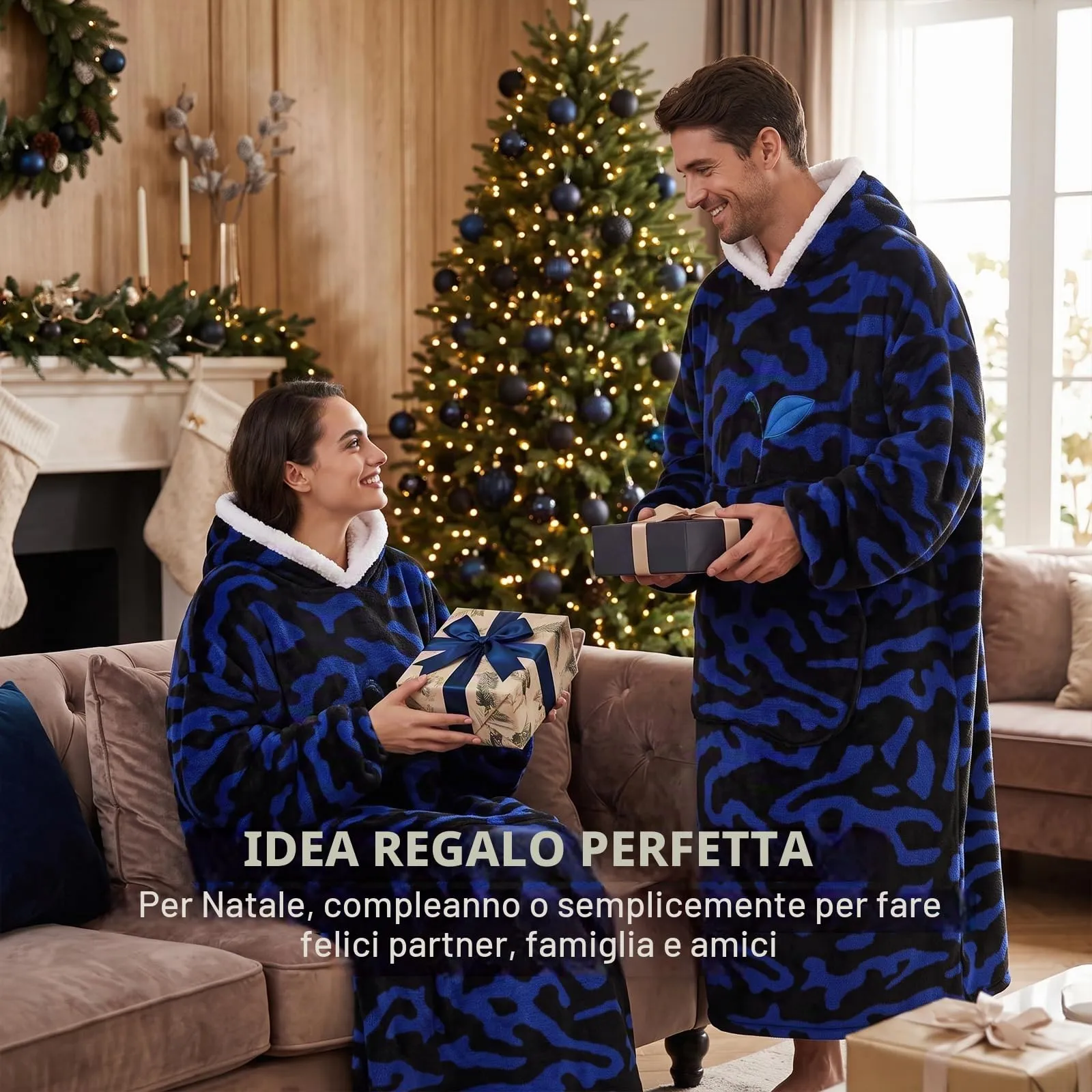 Yzehomijia Coperta portatile con cappuccio, per donne e adulti, coperta con maniche, morbida e calda da indossare come regalo per fidanzata, mamma o mamma koala (Blue Leopard Print) - immagine 2