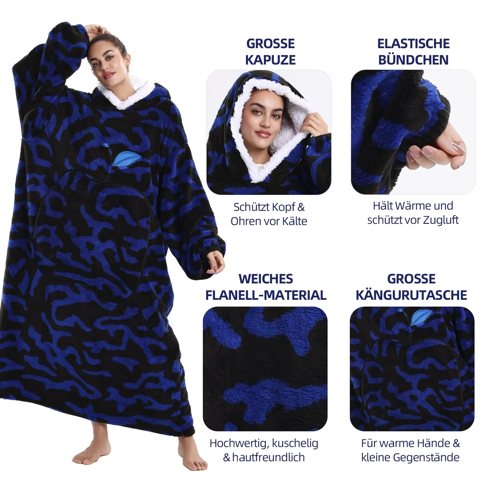 Yzehomijia Coperta portatile con cappuccio, per donne e adulti, coperta con maniche, morbida e calda da indossare come regalo per fidanzata, mamma o mamma koala (Blue Leopard Print) - immagine 4