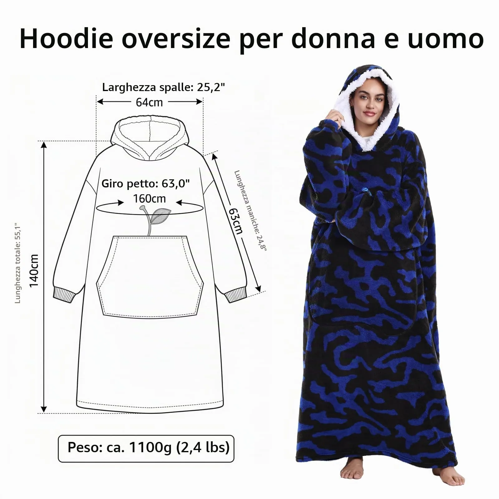 Yzehomijia Coperta portatile con cappuccio, per donne e adulti, coperta con maniche, morbida e calda da indossare come regalo per fidanzata, mamma o mamma koala (Blue Leopard Print) - immagine 7