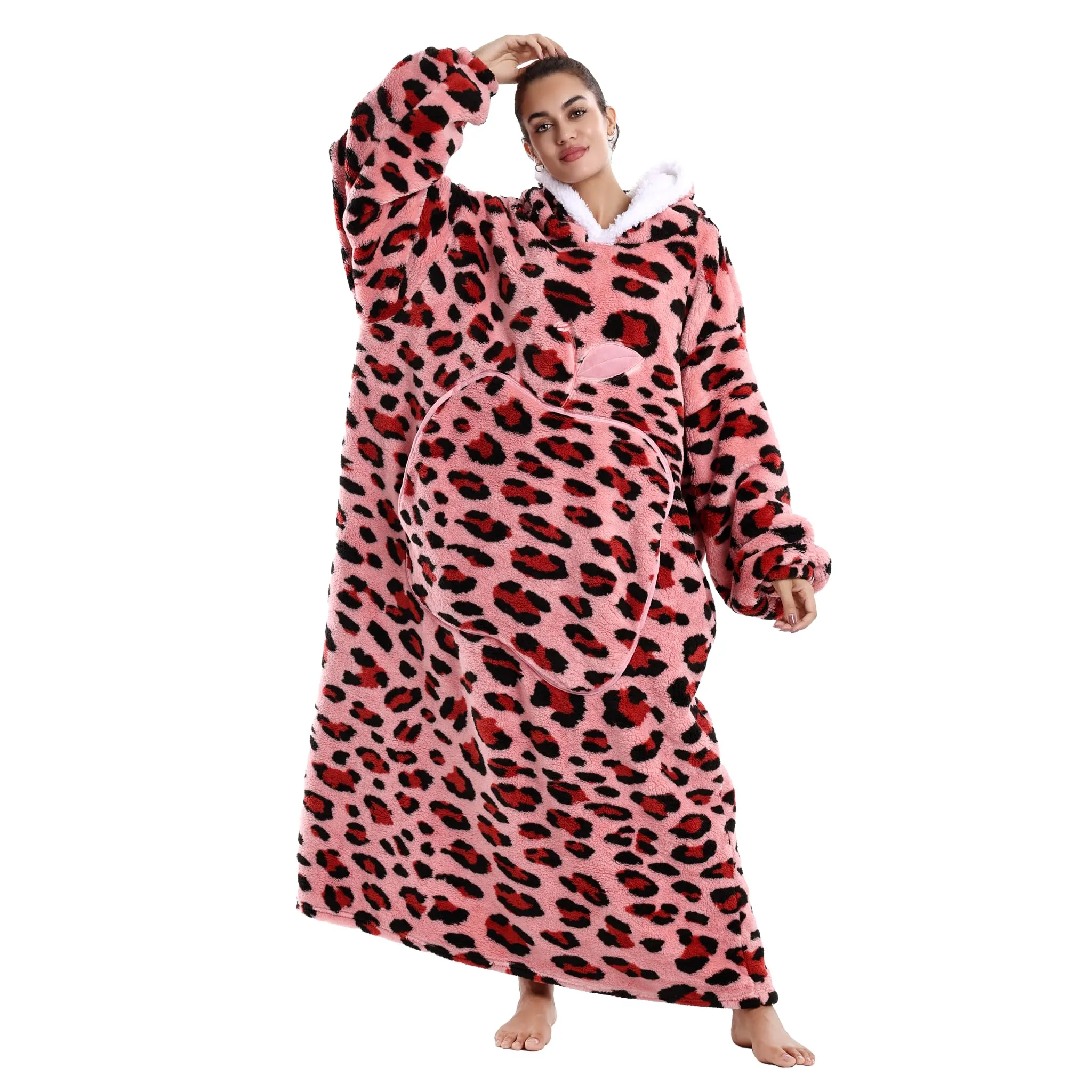 Yzehomijia Coperta portatile con cappuccio, per donne e adulti, coperta con maniche, morbida e calda da indossare come regalo per fidanzata, mamma o mamma koala (Pink Leopard Print) - immagine 1