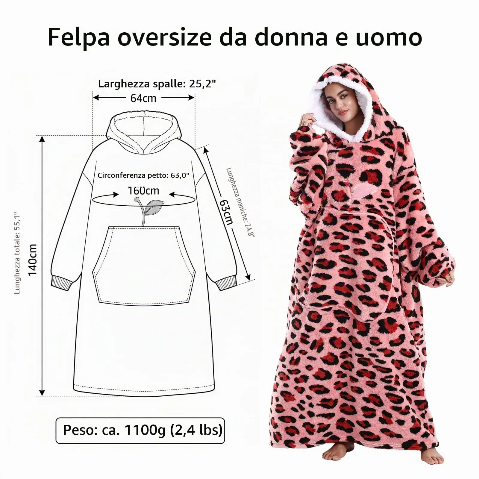 Yzehomijia Coperta portatile con cappuccio, per donne e adulti, coperta con maniche, morbida e calda da indossare come regalo per fidanzata, mamma o mamma koala (Pink Leopard Print) - immagine 7