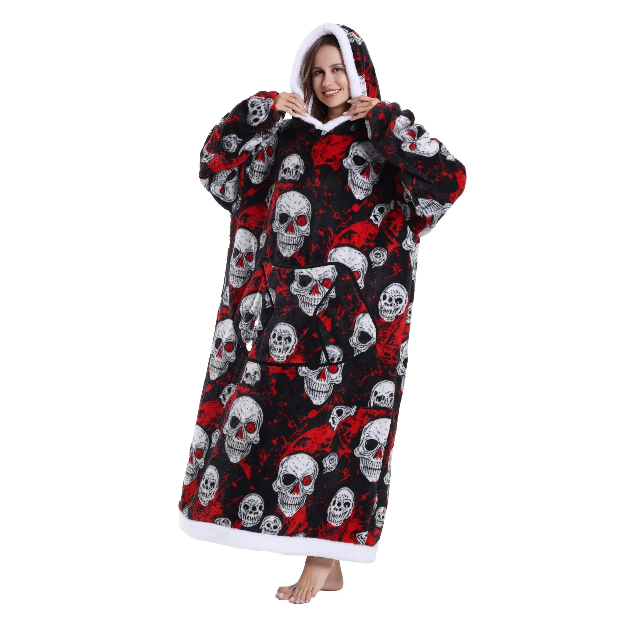 Yzehomijia Coperta portatile con cappuccio, per donne e adulti, coperta con maniche, morbida e calda da indossare come regalo per fidanzata, mamma o mamma koala (Skull) - immagine 1
