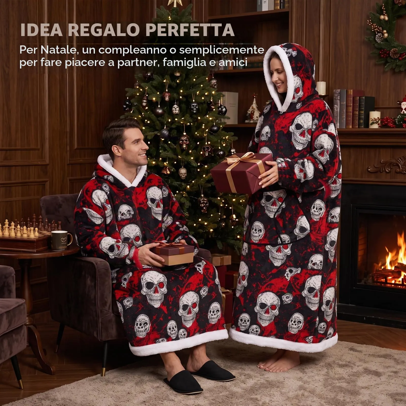 Yzehomijia Coperta portatile con cappuccio, per donne e adulti, coperta con maniche, morbida e calda da indossare come regalo per fidanzata, mamma o mamma koala (Skull) - immagine 2