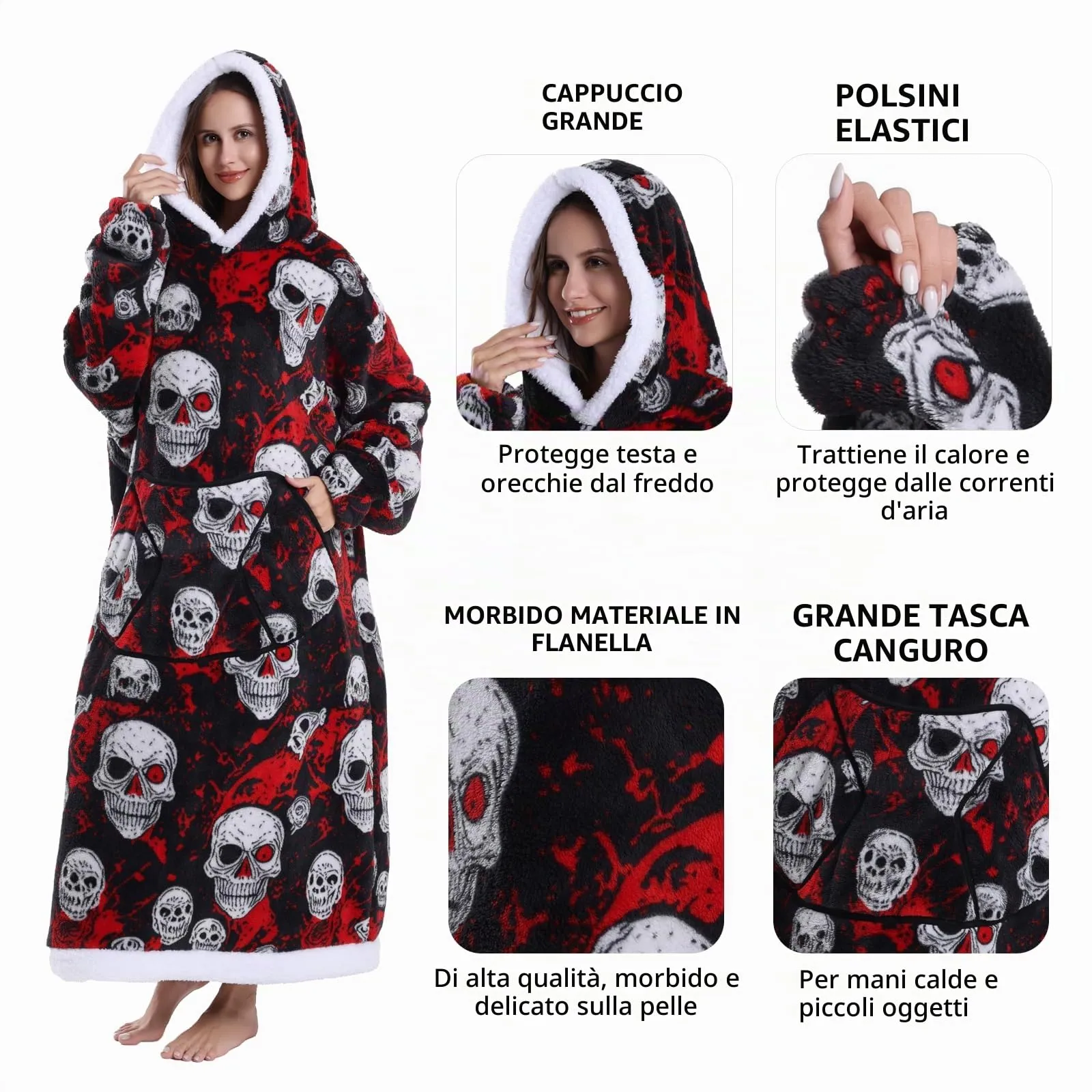 Yzehomijia Coperta portatile con cappuccio, per donne e adulti, coperta con maniche, morbida e calda da indossare come regalo per fidanzata, mamma o mamma koala (Skull) - immagine 4