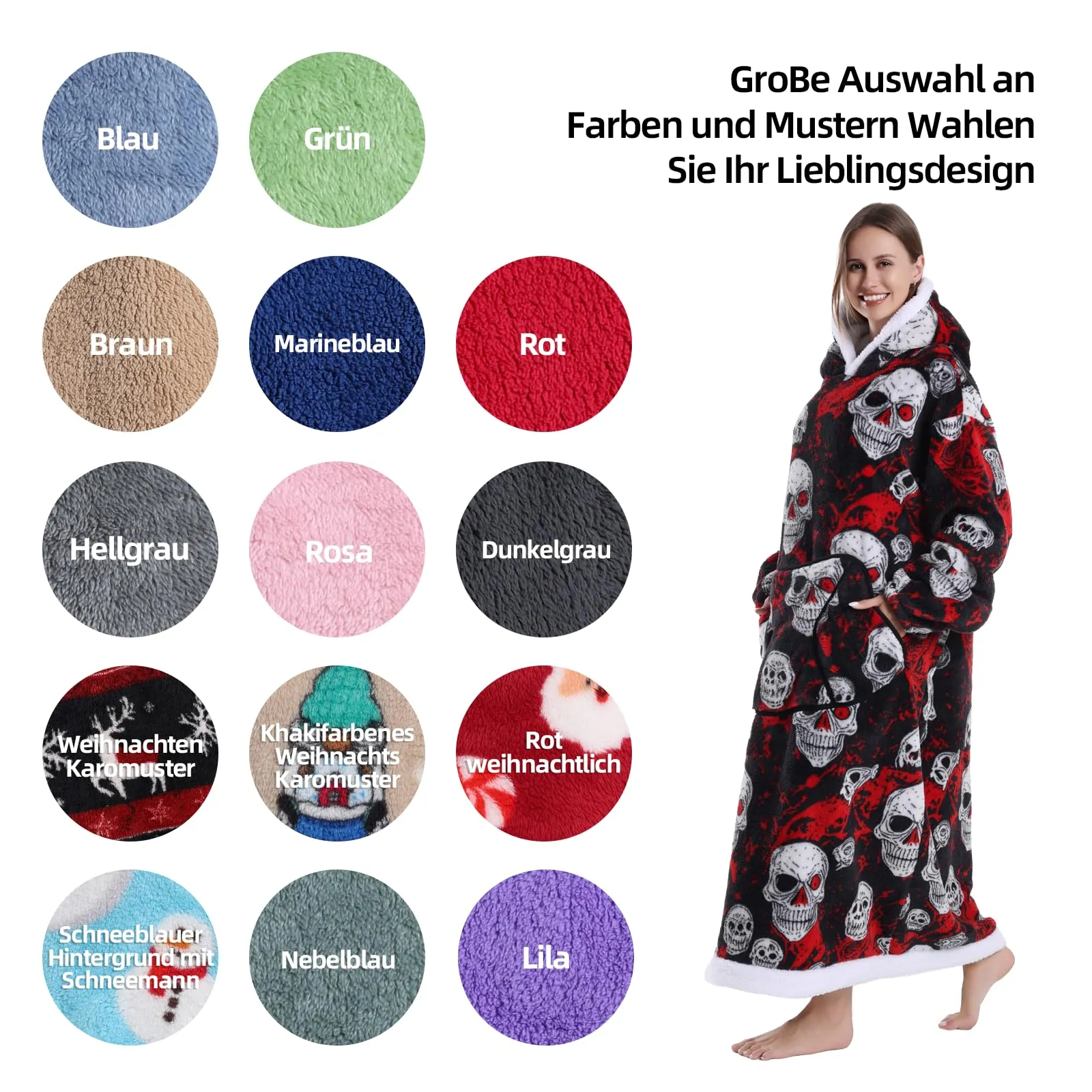 Yzehomijia Coperta portatile con cappuccio, per donne e adulti, coperta con maniche, morbida e calda da indossare come regalo per fidanzata, mamma o mamma koala (Skull) - immagine 5