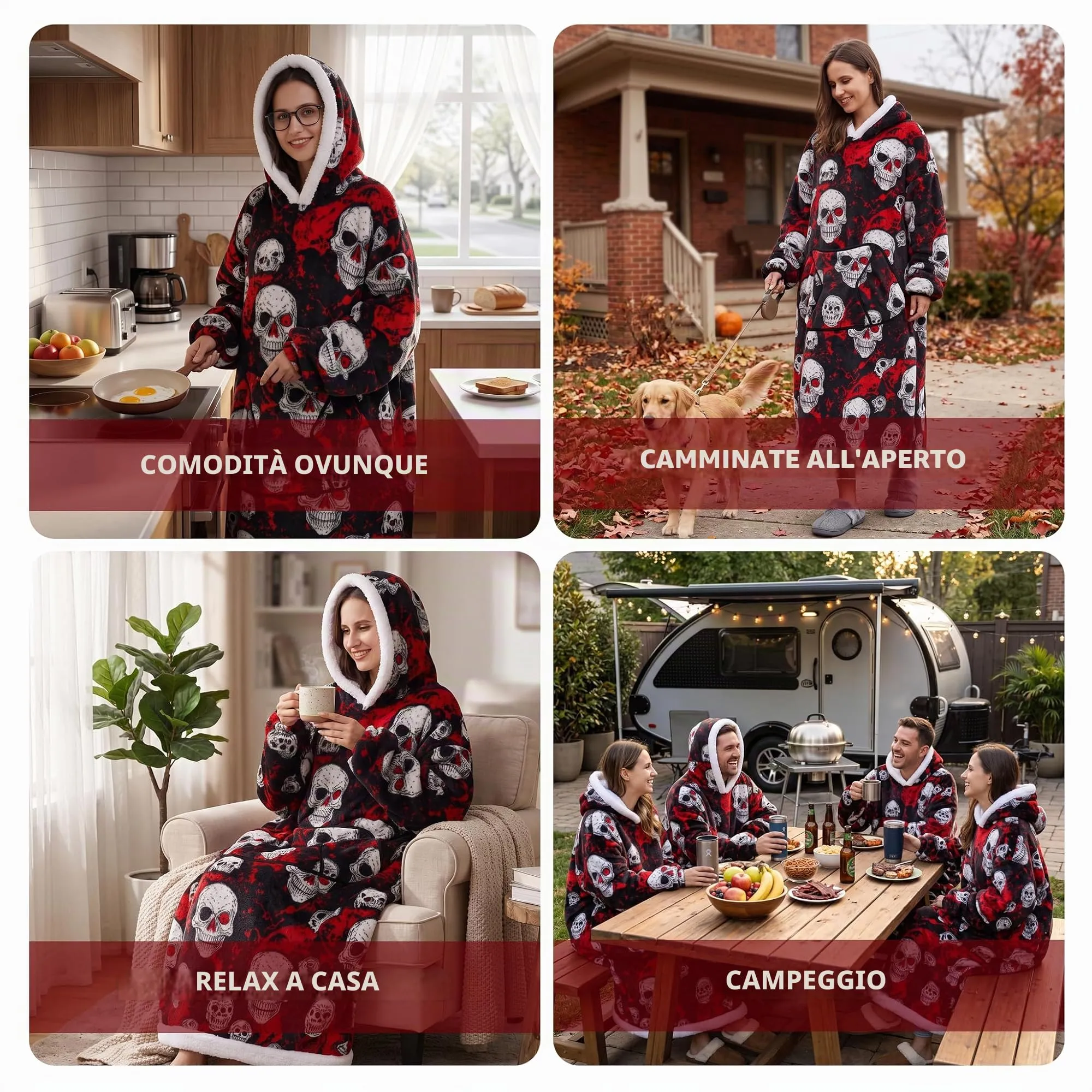 Yzehomijia Coperta portatile con cappuccio, per donne e adulti, coperta con maniche, morbida e calda da indossare come regalo per fidanzata, mamma o mamma koala (Skull) - immagine 6
