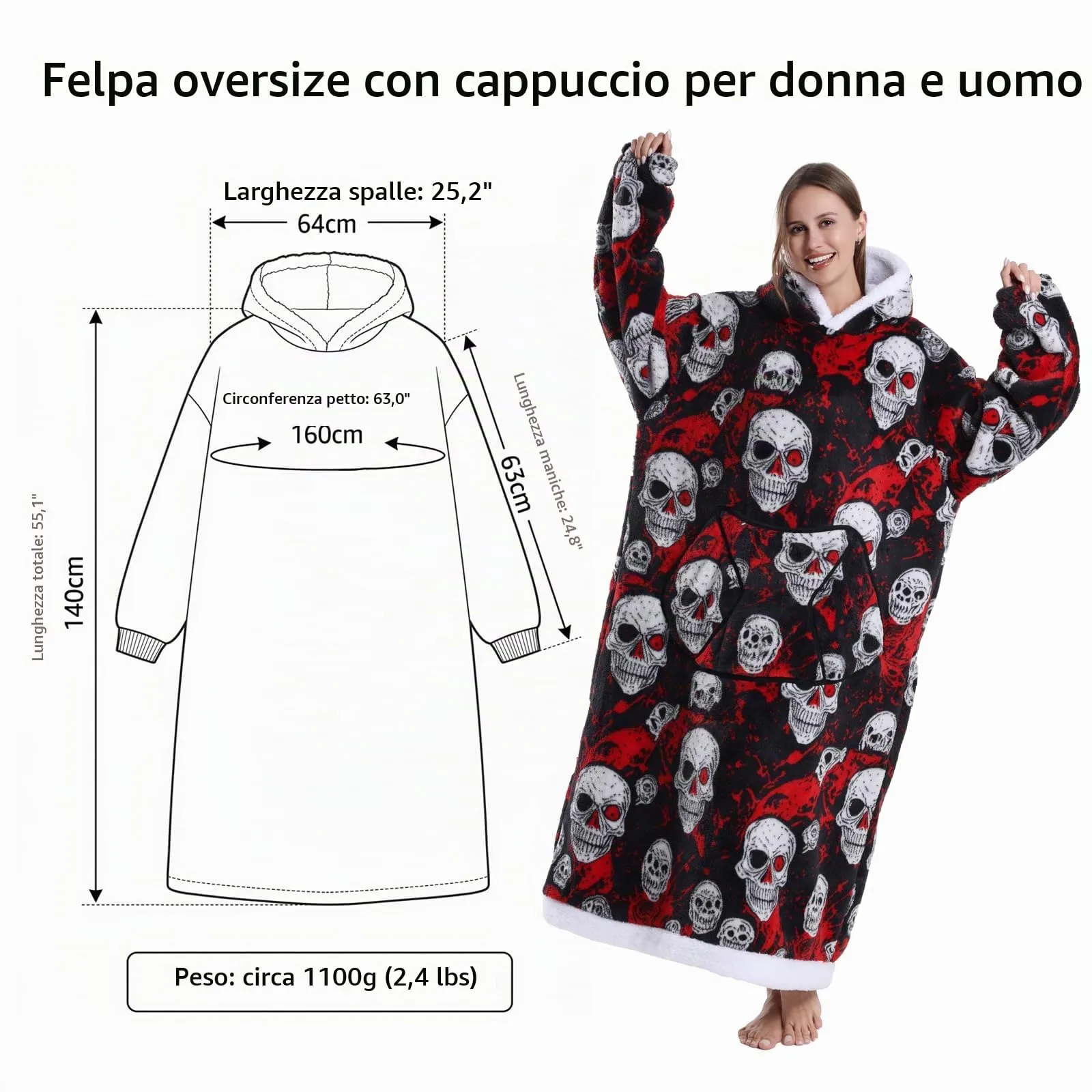 Yzehomijia Coperta portatile con cappuccio, per donne e adulti, coperta con maniche, morbida e calda da indossare come regalo per fidanzata, mamma o mamma koala (Skull) - immagine 7