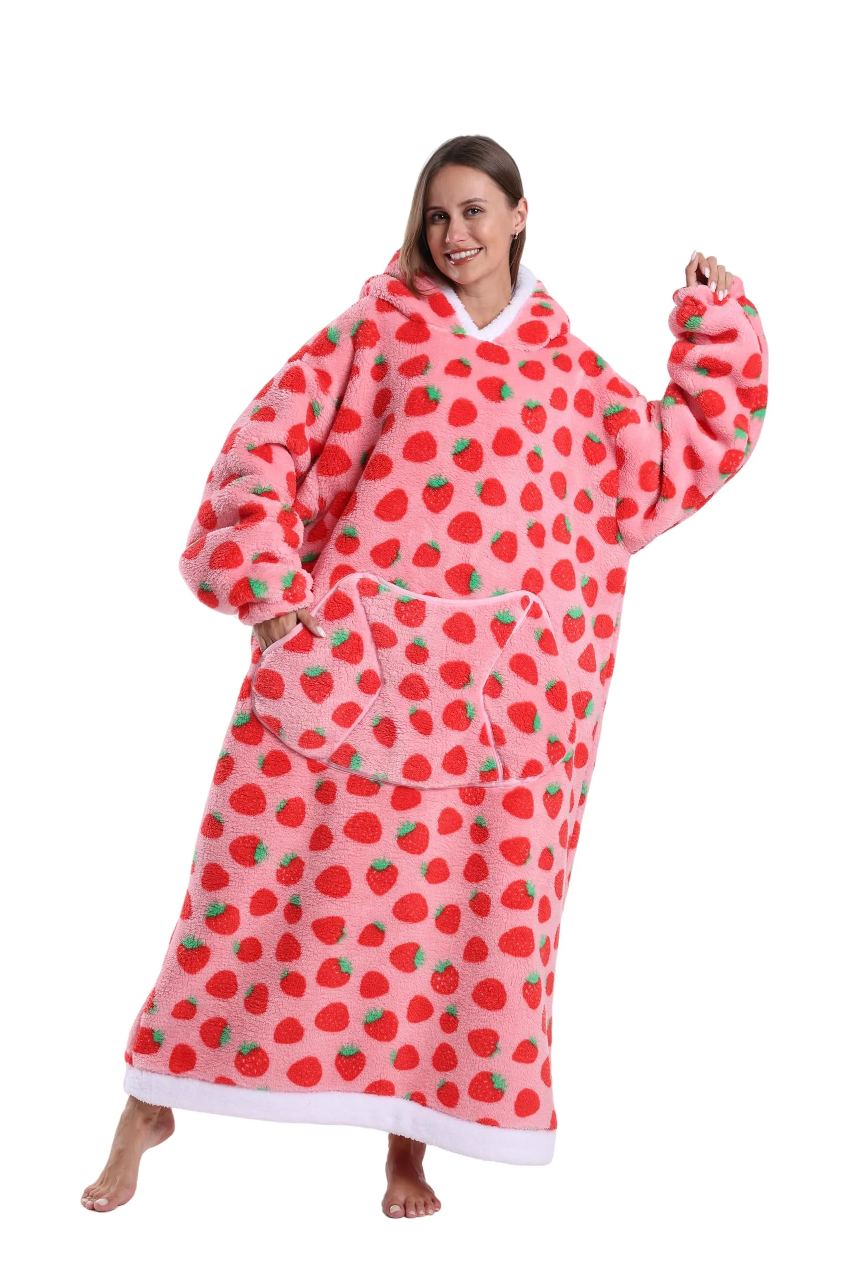 Yzehomijia Coperta portatile con cappuccio, per donne e adulti, coperta con maniche, morbida e calda da indossare come regalo per fidanzata, mamma o mamma koala (Strawberry2) - immagine 1