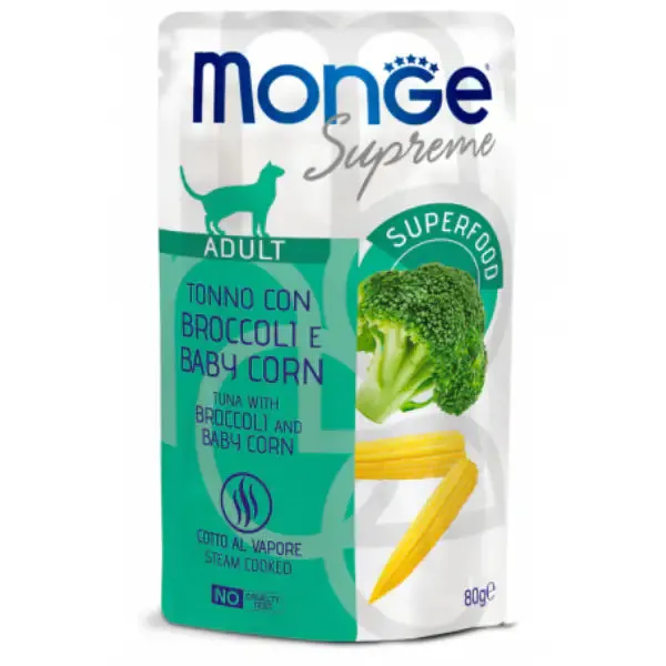 Monge Supreme Cat Adult in salsa bustina da 80 gr Tonno con broccoli - confezione da 24 pezzi - Cibo umido per gatti - immagine 1