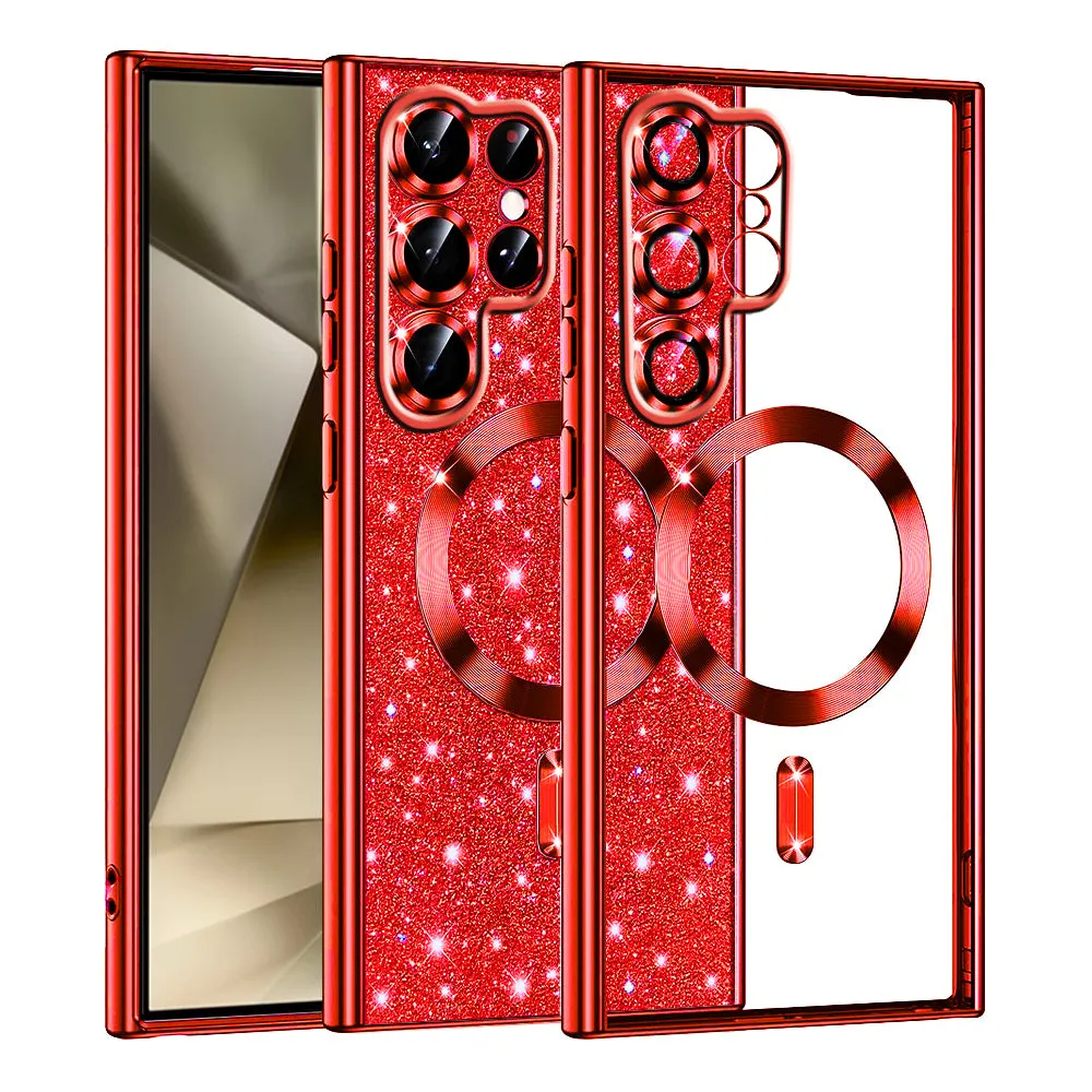 Custodia MagSafe per Samsung Galaxy S22 Ultra 5G S908, Techsuit, Luxury Glitter, Rossa - immagine 1