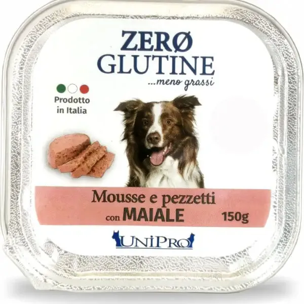 Unipro Zero glutine Mousse e pezzetti Dog Adult 150 gr Maiale - confezione da 12 pezzi - Cibo umido per cani - immagine 1