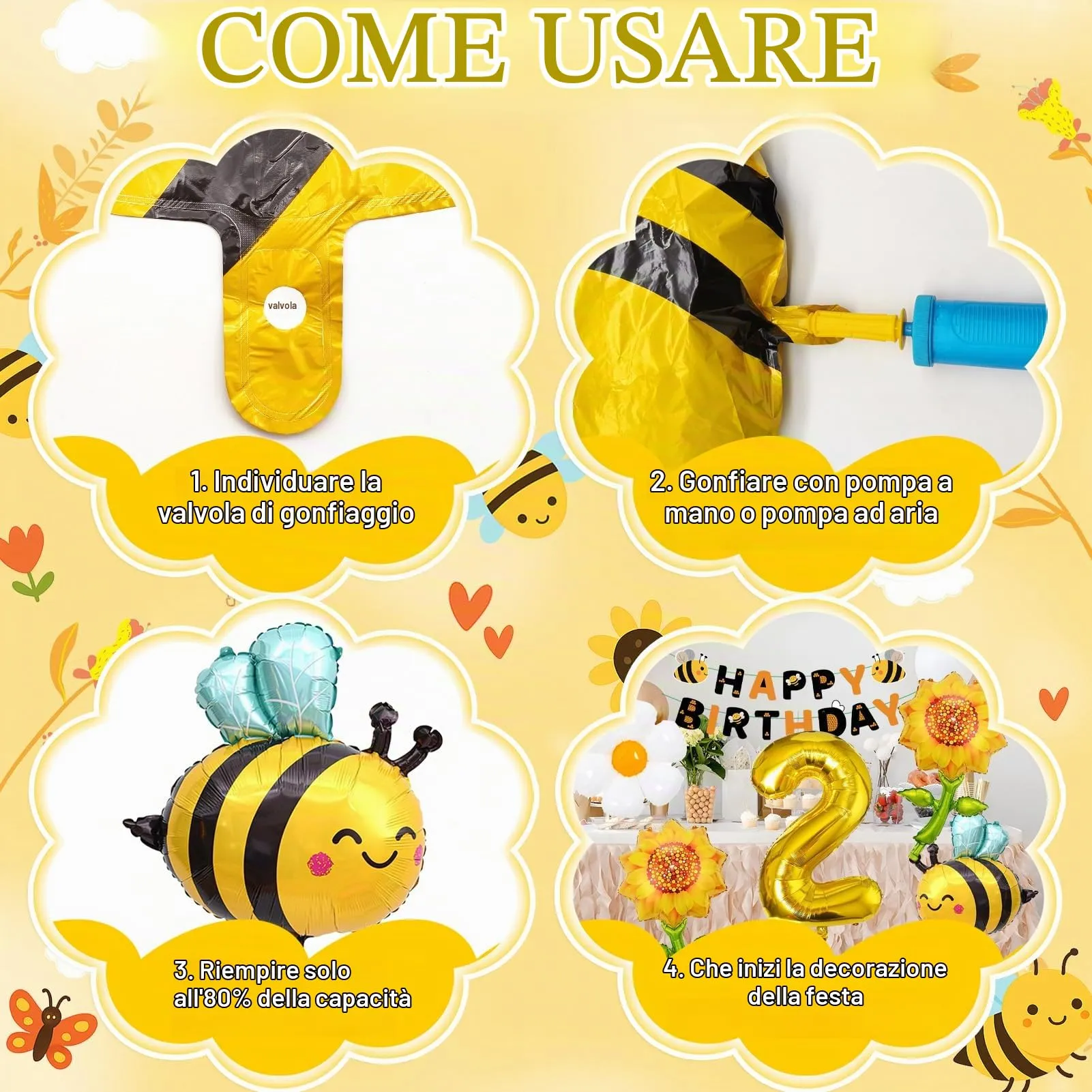 10PCS Decorazioni Palloncini Ape 2 Anni,Palloncino Alluminio Compleanno api - immagine 4