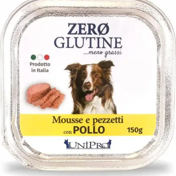 Unipro Zero glutine Mousse e pezzetti Dog Adult 150 gr Pollo - confezione da 12 pezzi - Cibo umido per cani - immagine 1