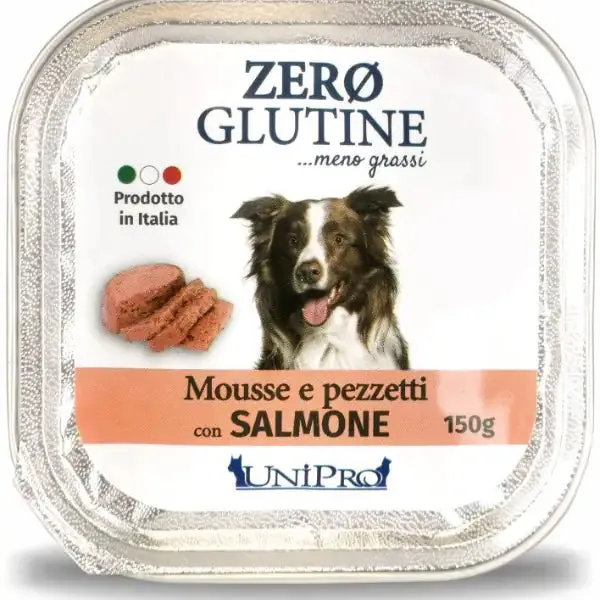 Unipro Zero glutine Mousse e pezzetti Dog Adult 150 gr Salmone - confezione da 12 pezzi - Cibo umido per cani - immagine 1