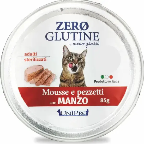 Unipro Zero glutine Mousse e pezzetti Cat Adult 85 gr Manzo - confezione da 12 pezzi - Cibo umido per gatti - immagine 1