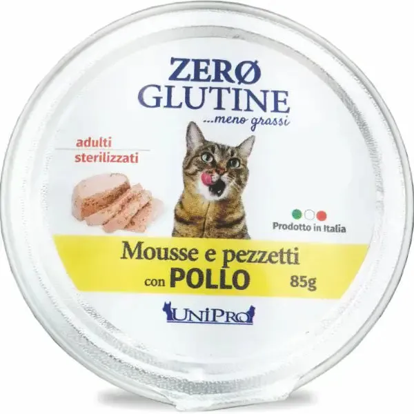 Unipro Zero glutine Mousse e pezzetti Cat Adult 85 gr Pollo - confezione da 12 pezzi - Cibo umido per gatti - immagine 1